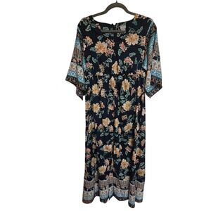 Chico's‎ Floral Maxi Dress Kimono Sleeve Bohemian Style Black Size 0